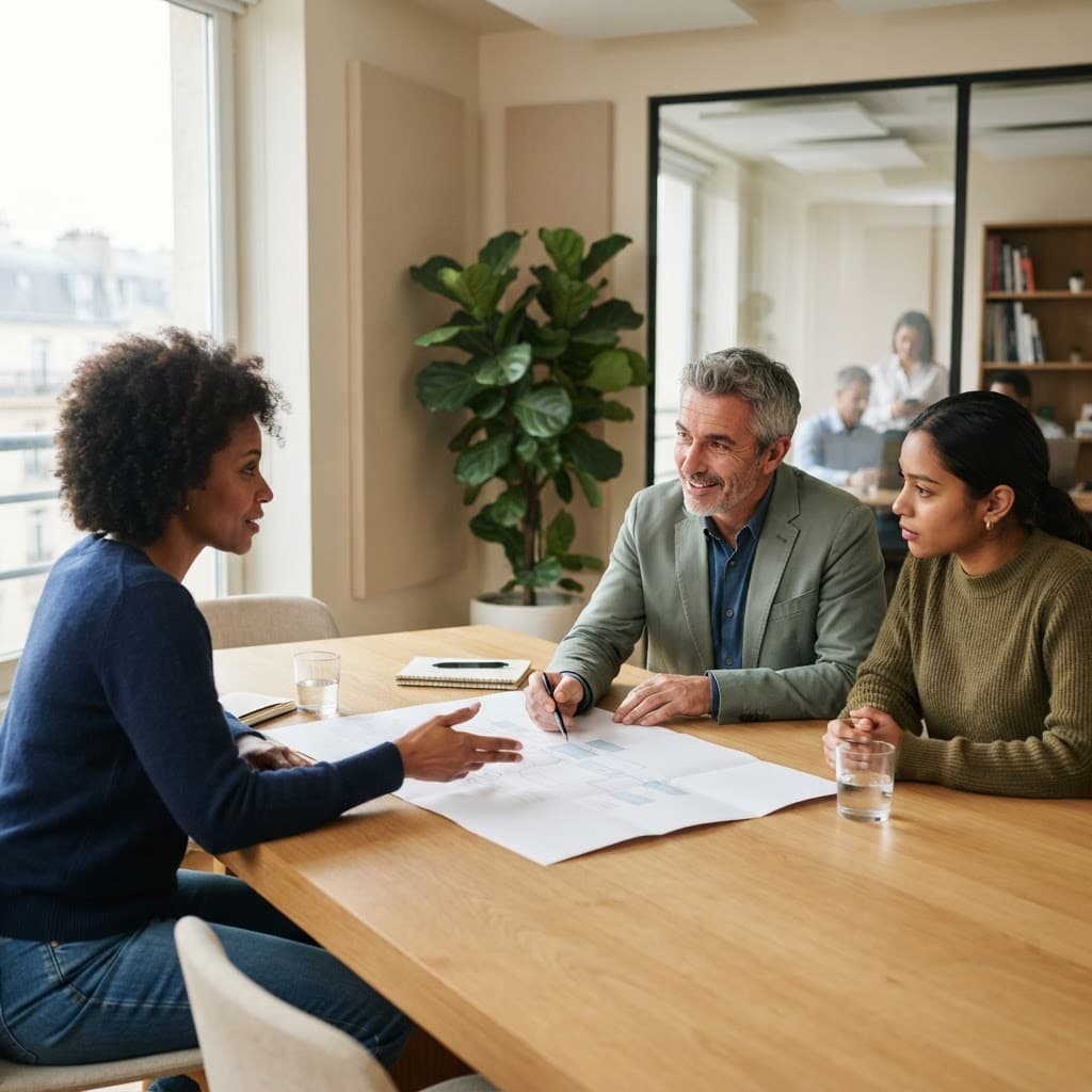 Professionnels réunis autour d’une table de travail.